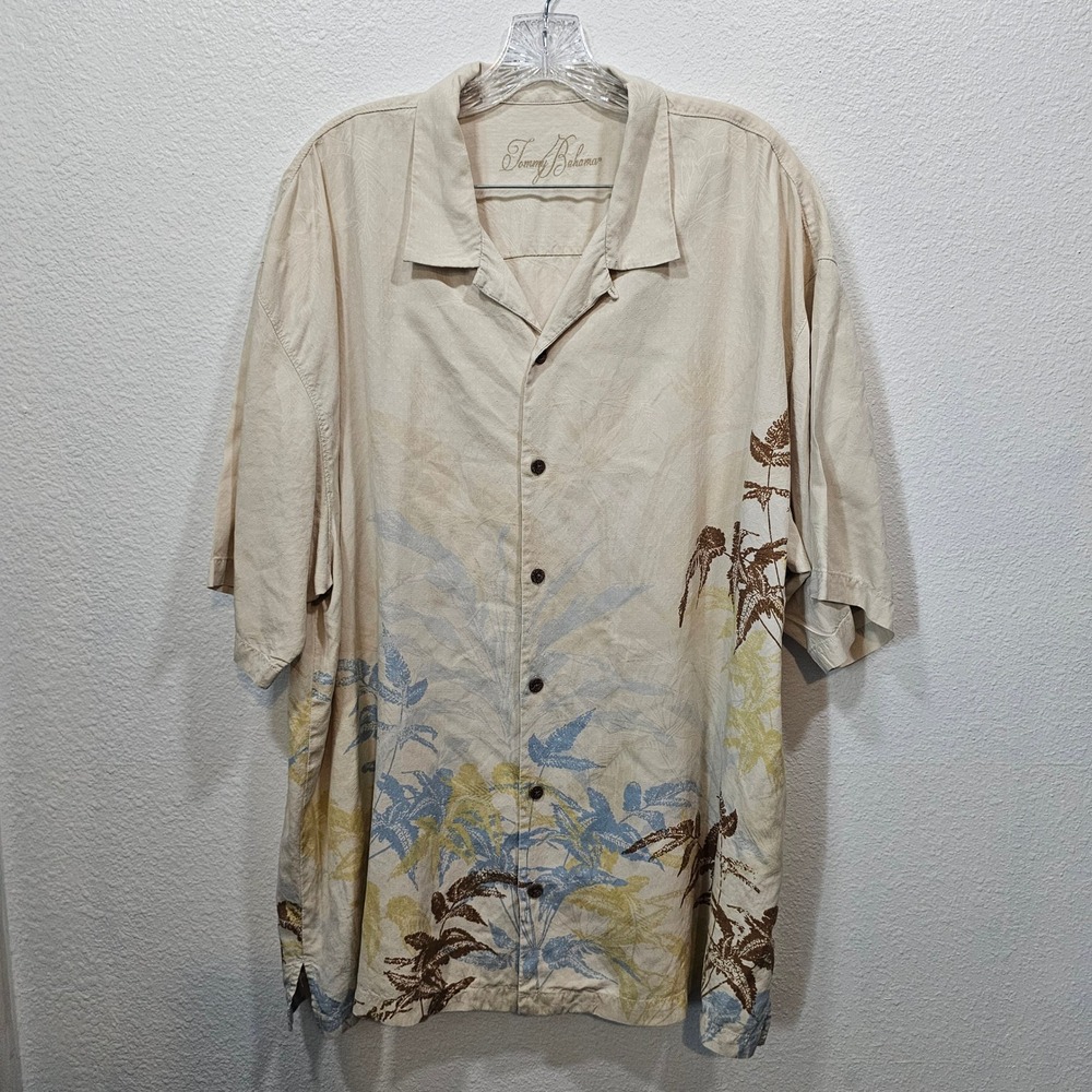 Tommy Bahama Mens XXL Silk Camp Shirt Tan Botanical Fern Print Short Sleeve